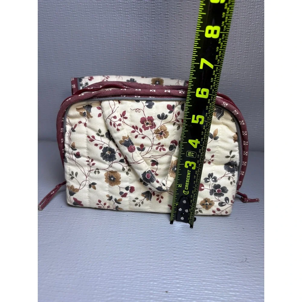 Totes Vintage Style Quilted Floral Makeup Bag & Mirror Pouch Set Cream Burgundy